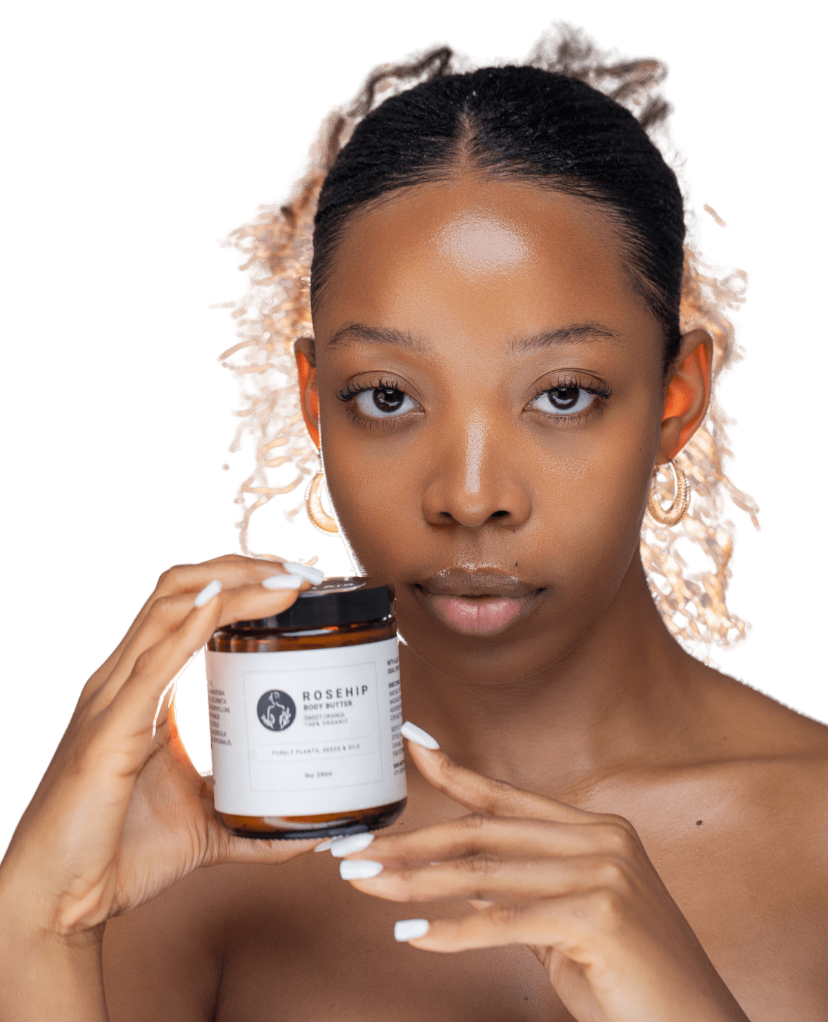 Woman holding a jar of Rosenrél skincare product with a green background